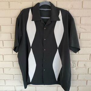 Steady Classics Bowling Shirt Retro Green Diamond Print Casual Lounge Large L